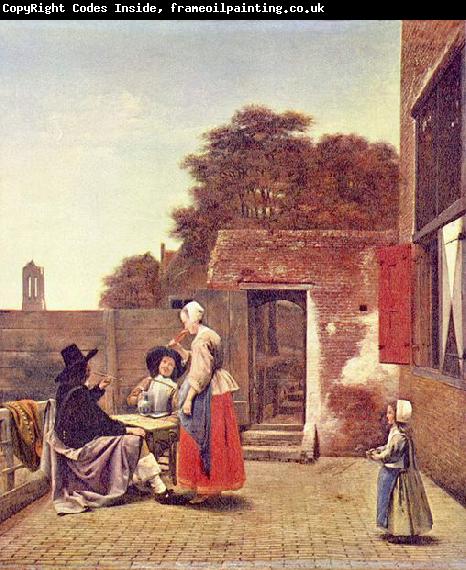 Pieter de Hooch Hof mit zwei Offizieren und trinkender Frau